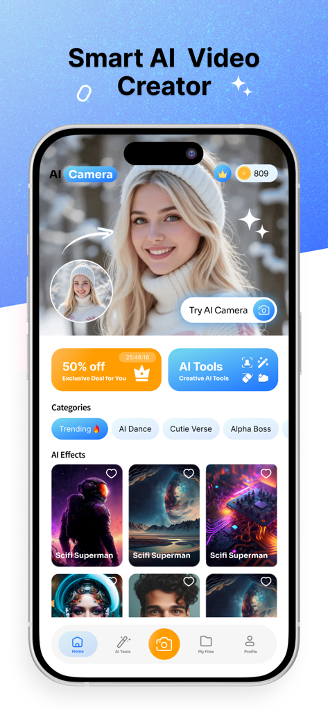 The home screen of Open Camera app showing AI video creation tools and photo filters.
