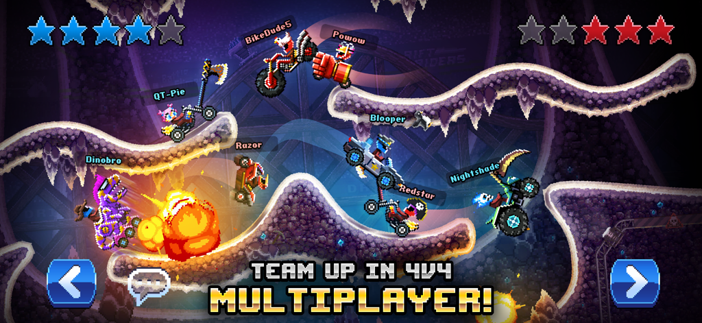 Drive Ahead! - Pixel Car Fight - Una caotica battaglia di auto pixel art 4v4 in Drive Ahead che mostra più veicoli e personaggi in un'arena di caverna