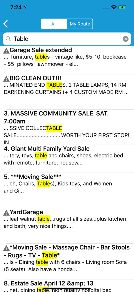 Aplicativo Mapa de Tesouros de Venda de Garagem mostrando resultados de pesquisa de mesas em vendas de garagem próximas