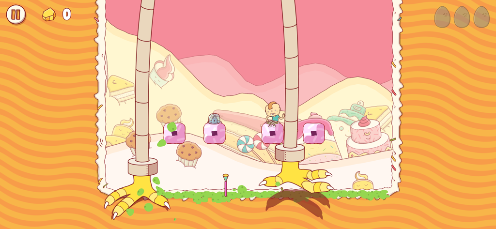 Gameplay screenshot of Eggggg featuring Gilbert in a colorful candy-themed level with giant robot chicken legs