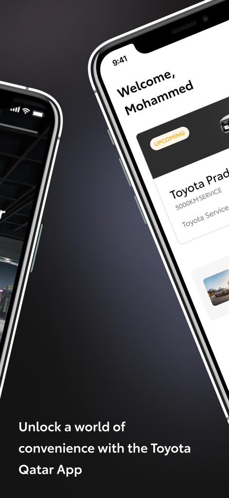 Interface of the Toyota Qatar app featuring a welcome message and upcoming service reminder for a Toyota Prado
