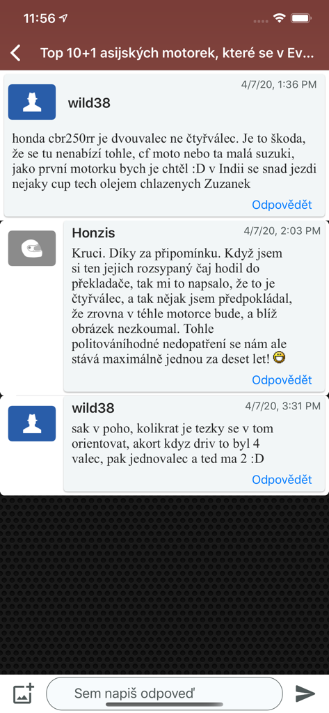 Motorkari.cz - Mobile app screenshot showing a comment thread between motorcycle enthusiasts on Motorkari.cz