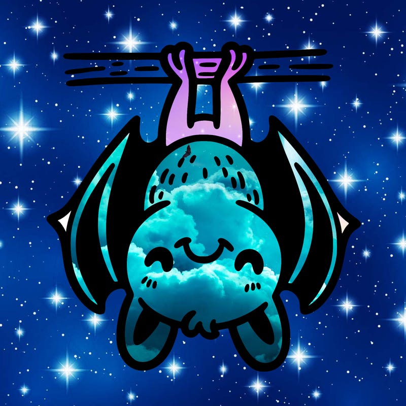 a bat hanging upside down with a grin