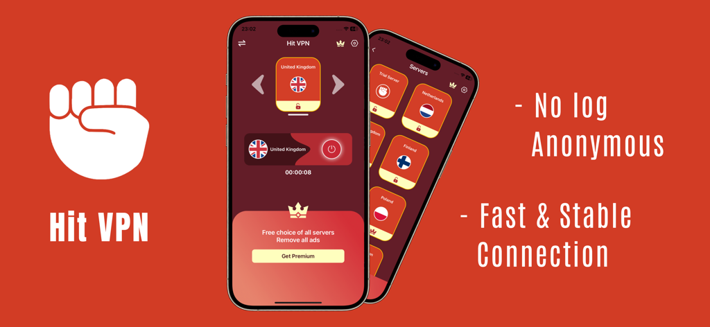 Interface de l'application mobile Hit VPN sur iPhone montrant la sélection du serveur et les fonctionnalités de connexion rapide