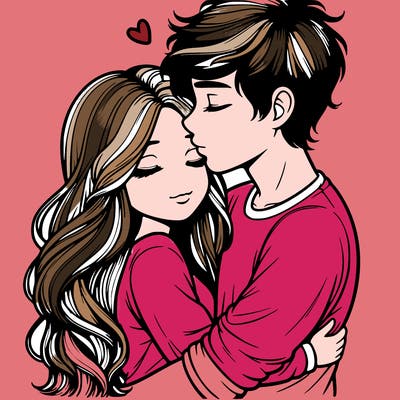a realistic couple boy and girl hugging and kissing