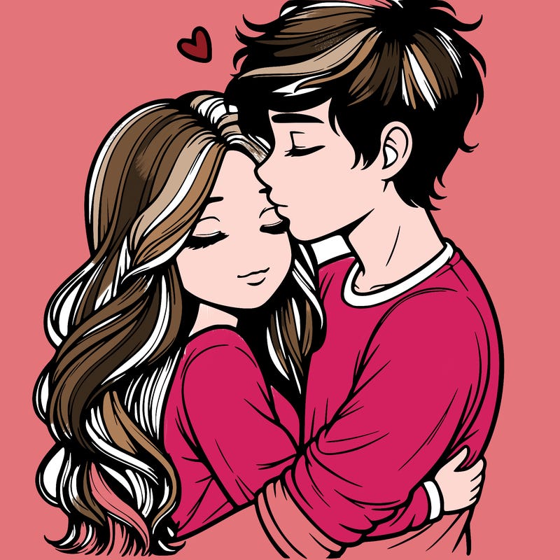 a realistic couple boy and girl hugging and kissing
