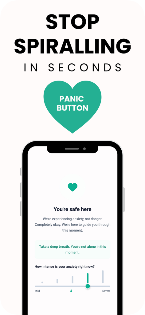 Condri app screenshot showing the Panic Button feature with a grounding message and anxiety intensity scale.