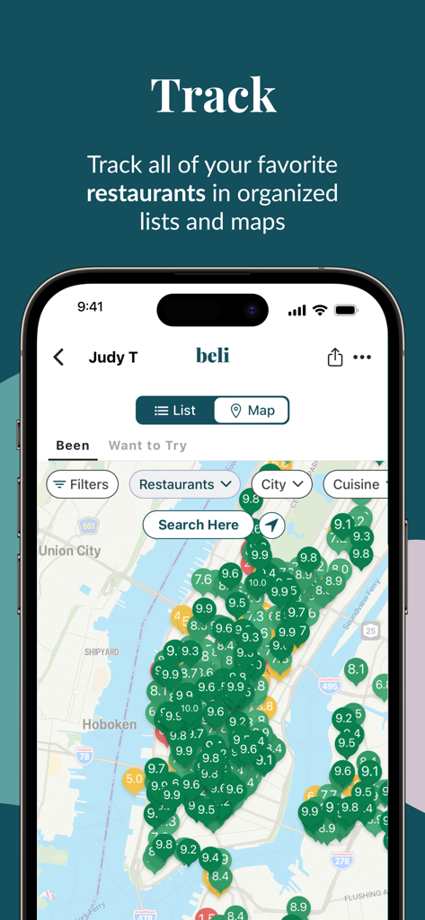 Beli - Beli app interface showing a map of New York City with numerous ranked restaurant pins and the track feature description