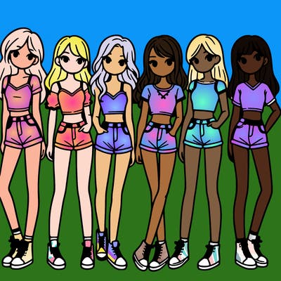 a group of girls wearing crop tops and shorts