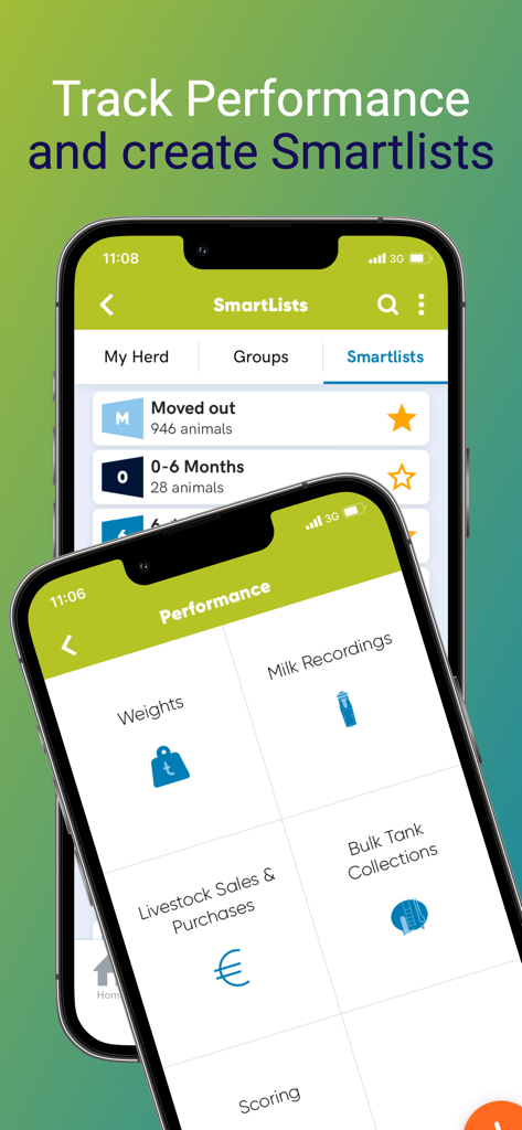 Herdwatch app interface showing livestock performance tracking and smartlists features on mobile devices