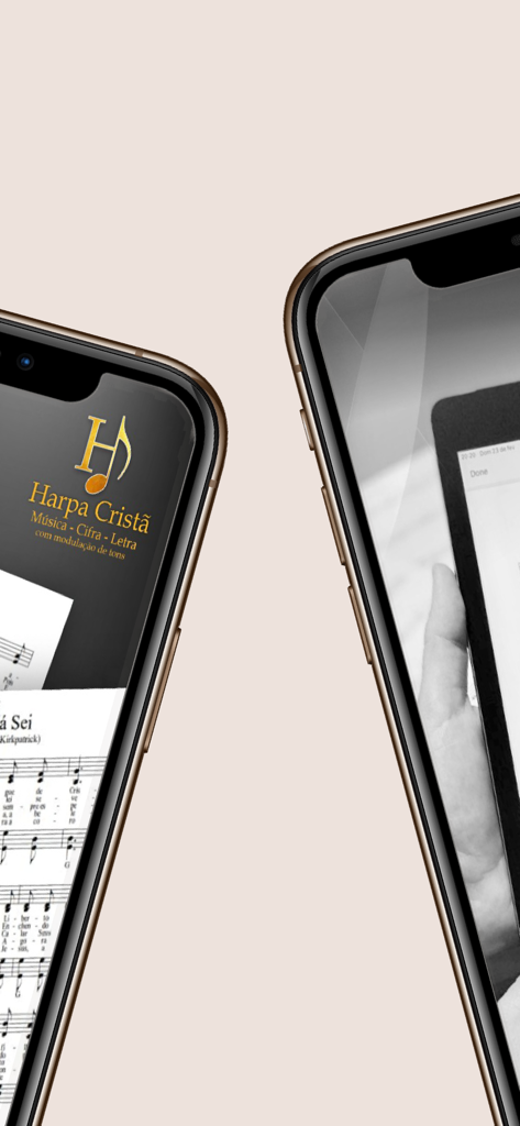 Harpa - Música - Cifra - Letra - Dos iPhones mostrando la aplicación Harpa Crista con letras de himnos y partituras