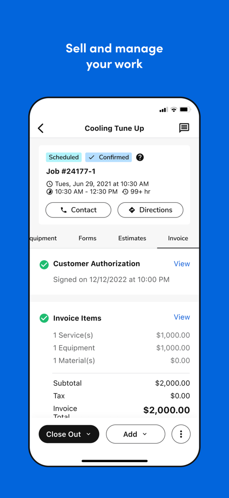 ServiceTitan Field App zeigt eine Rechnung für einen Kühlungs-Wartungsauftrag, einschließlich Positionen und Kundenautorisierung.