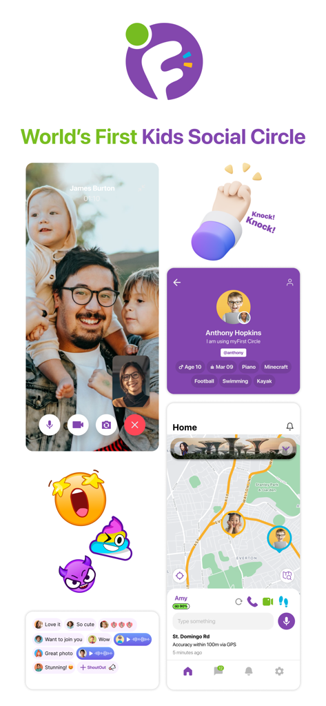 myFirst Circle - Interface de l'application myFirst Circle avec profil d'enfant pour appel vidéo et carte de localisation GPS