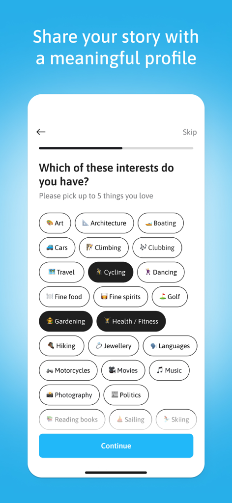 Interface de l'application Jdate pour la sélection des centres d'intérêt et des passe-temps personnels pour un profil de rencontre