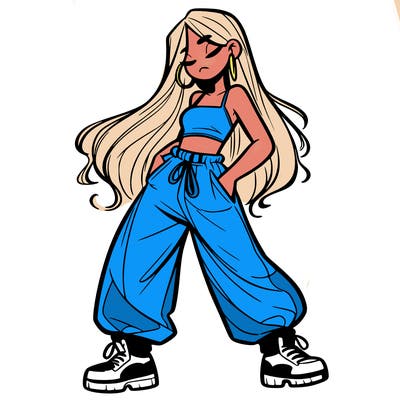 girl in baggy pants crop top and long hair
