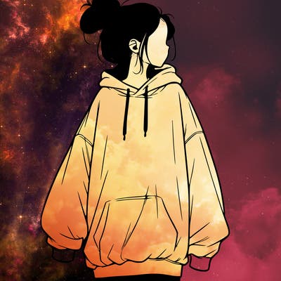 realistic girl with a oversized sweatshirt on and a bun