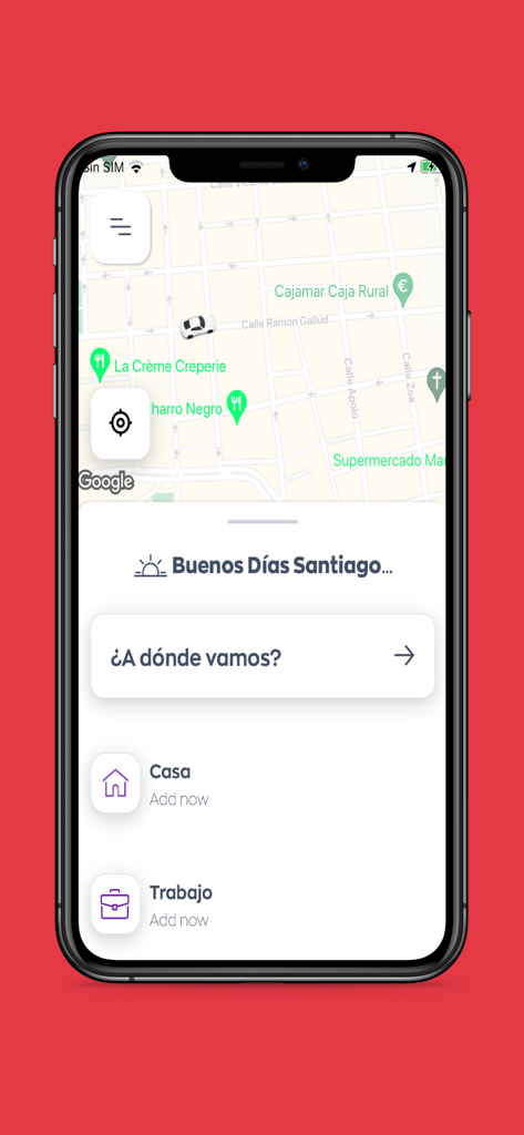 Taxi Torrevieja app home screen showing a map and destination search bar