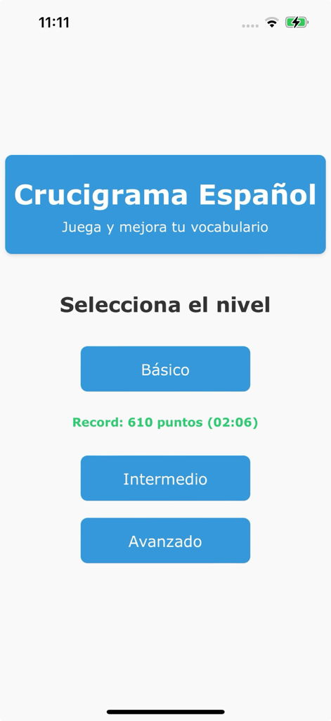 Crucigrama en Español - Menú principal de la app Crucigrama Espanol mostrando botones de selección de nivel de dificultad para Básico, Intermedio y Avanzado