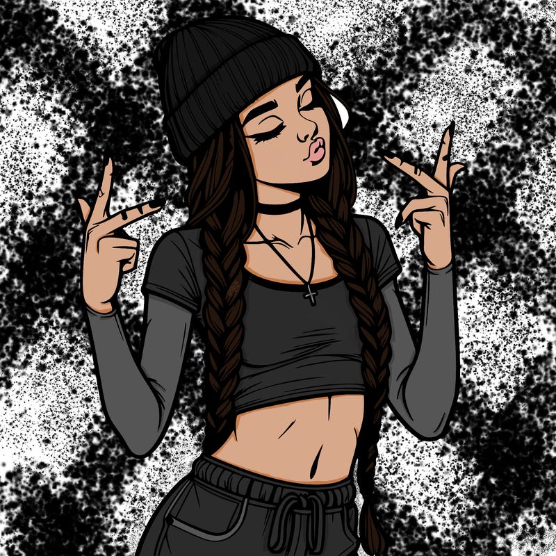 realistic teenage girl with braids and a beanie and crop top doing 🫶🏼