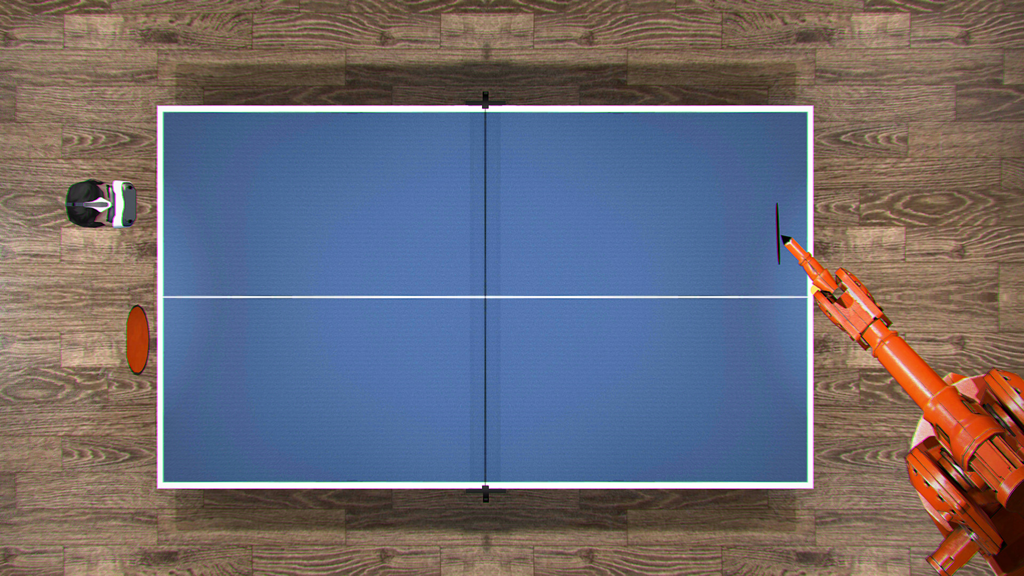 Ping Pong VR - Top down view of a virtual ping pong table with a robot arm opponent