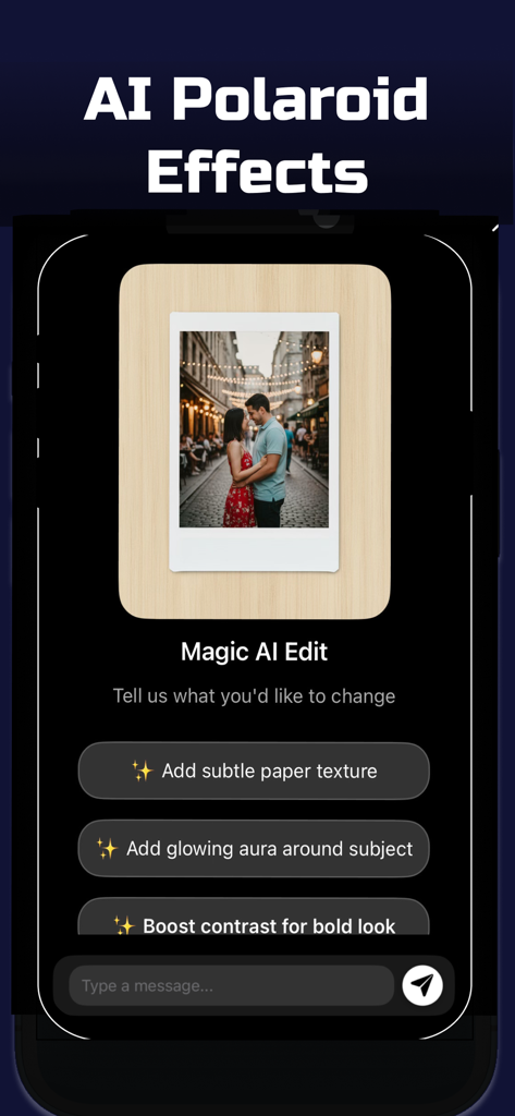AI Image Generator + Creator - Mobile app interface for AI photo editing showing polaroid effects and magic AI edit options