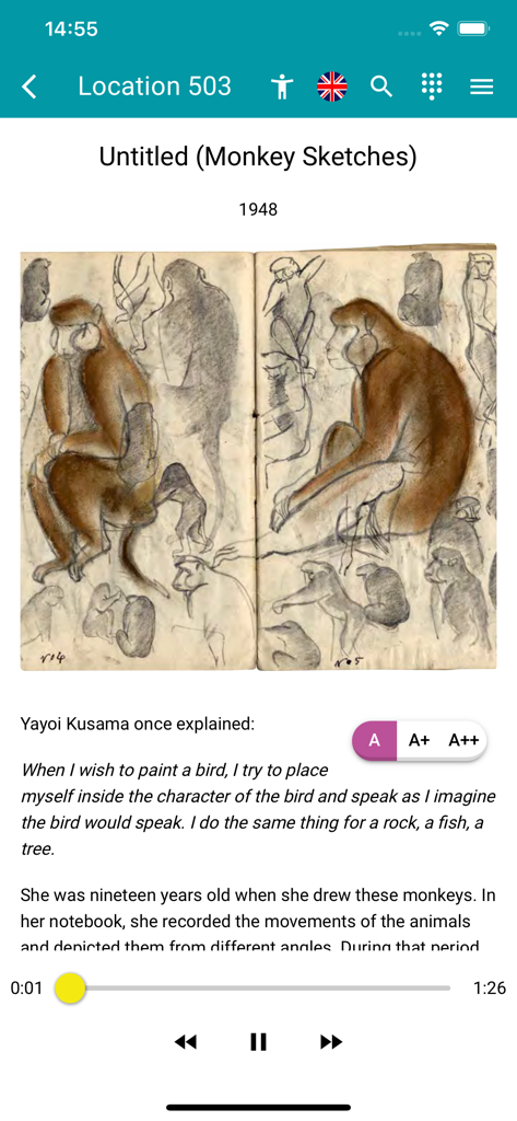 Ludwig x Kusama - Esboços de macacos de Yayoi Kusama com descrição e controles do guia de áudio