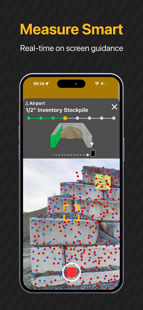 SR Measure - iPhone画面、SR Measureアプリで在庫在庫を測定するためのリアルタイムガイダンスを表示