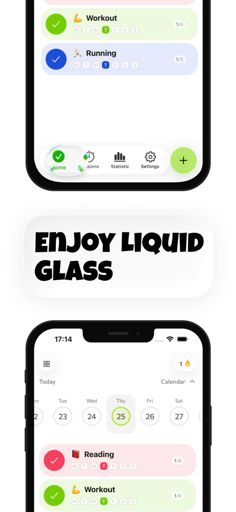 Habitz — Habit Tracker - Interfaccia utente moderna dell'app Habitz habit tracker che visualizza abitudini giornaliere e una vista calendario