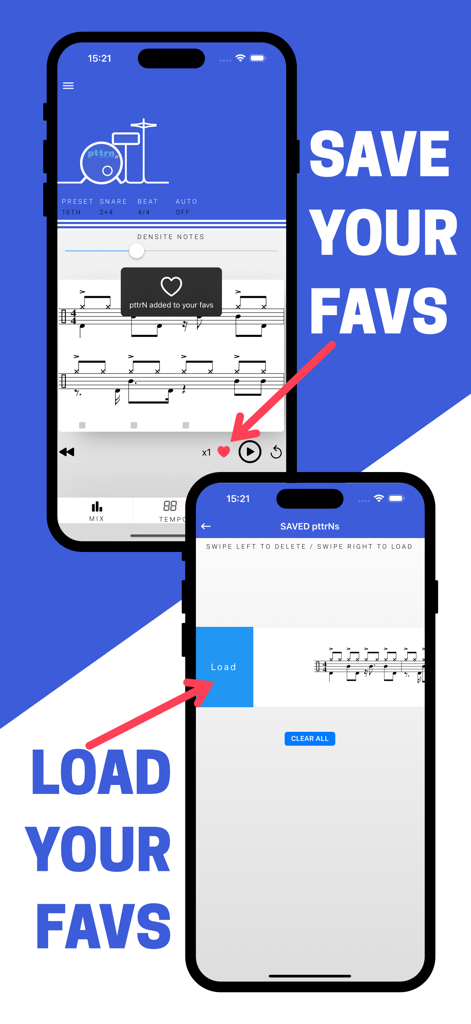pttrN for drummers - Interfaz de la aplicación pttrN para bateristas mostrando cómo guardar y cargar patrones de batería favoritos