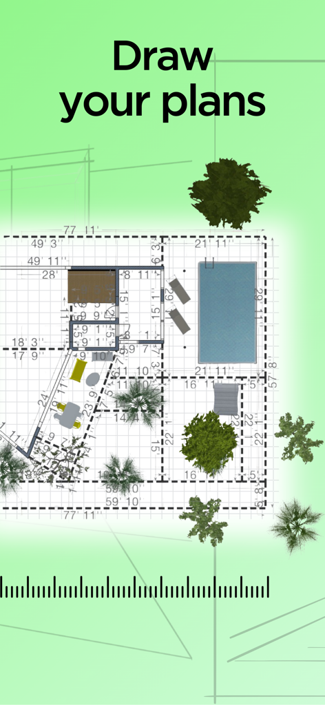 Planta baixa arquitetônica 2D com piscina e paisagismo em Home Design 3D