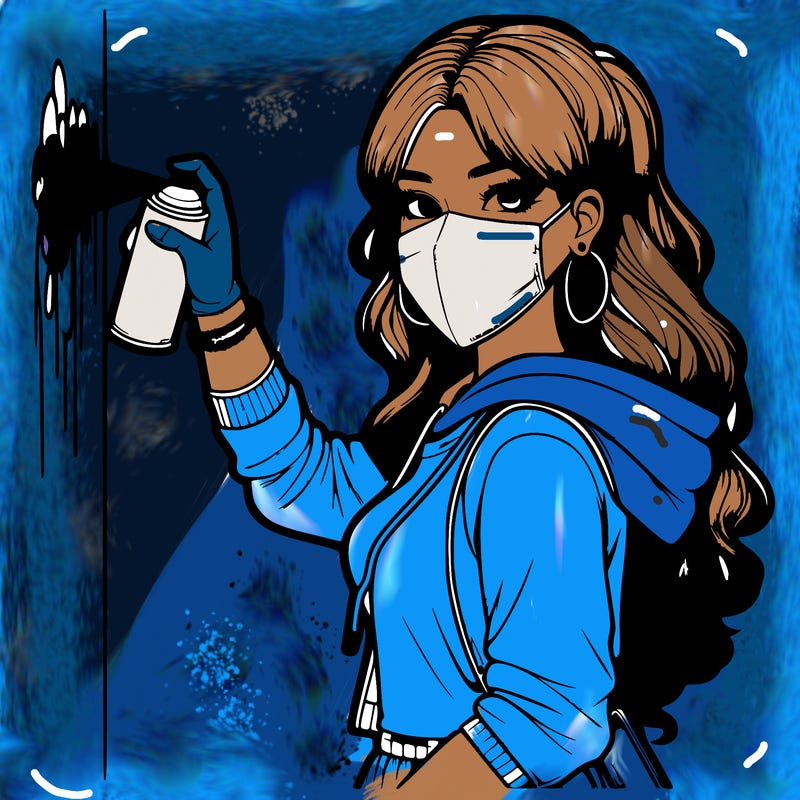 realistic girl with mask spray painting a wall