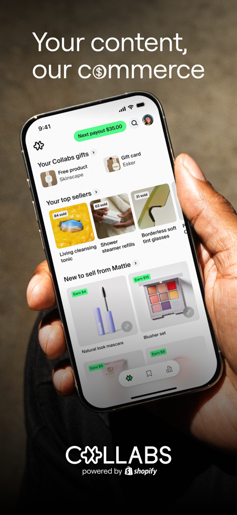 Pantalla de smartphone que muestra el panel de la app Shopify Collabs con ganancias e información de productos para creadores