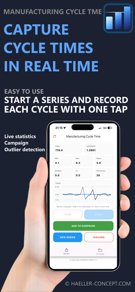 Manufacturing Cycle Time - Une personne tenant un smartphone montrant l'application Manufacturing Cycle Time avec des statistiques de production en direct et des graphiques de tendance des cycles