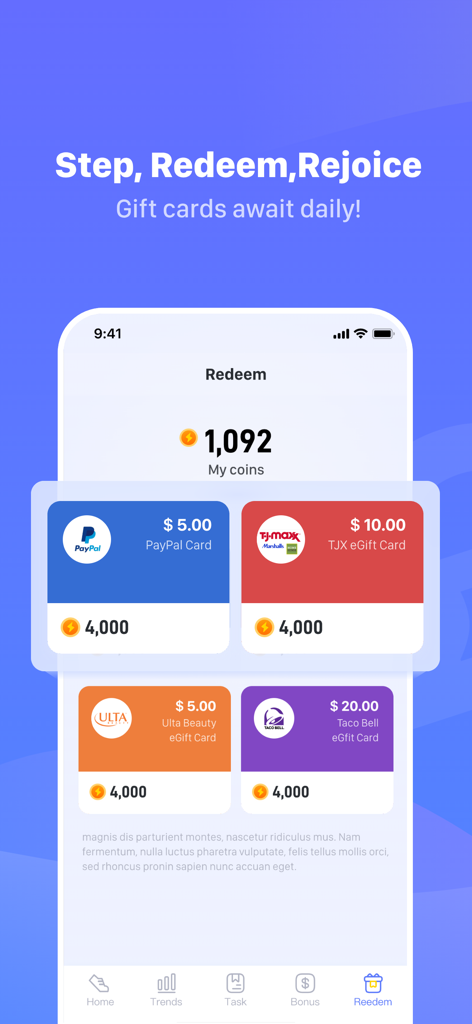 Interface of the WalkCash app showing the redeem section where users can exchange earned coins for gift cards including PayPal and retail brands