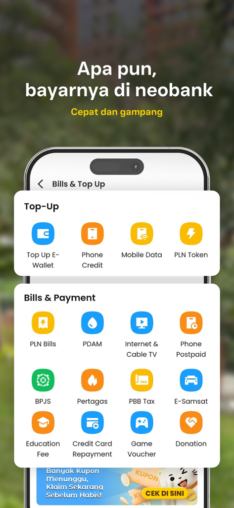 The neobank app interface showing various top-up and bill payment options for utilities, taxes, and services in Indonesia.