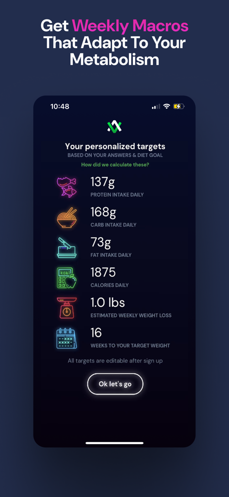 Personalized daily macro and calorie targets displayed on the Avatar Nutrition mobile app interface.