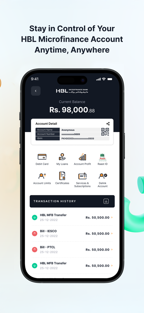 First Pay mobile app dashboard showing HBL Microfinance account balance and recent transactions