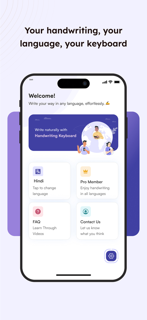 Handwriting Keyboard ™ - Welcome screen of the Handwriting Keyboard app on an iPhone showing language and settings options