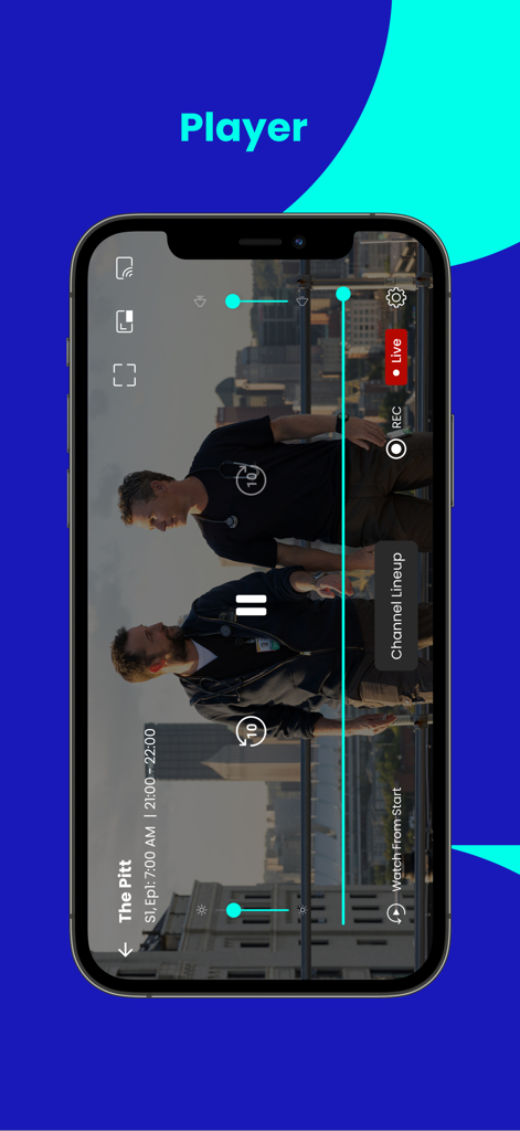 DStv Stream - Interfaz del reproductor de video de la aplicación DStv Stream con controles de reproducción y opciones de lista de canales en un iPhone
