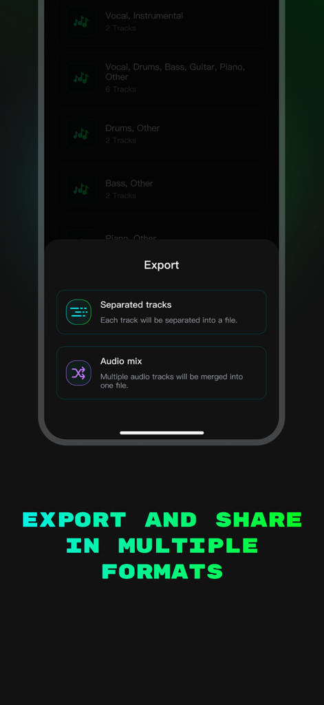 Vocal Remover by island - vocal remover 앱 내보내기 메뉴에 분리된 트랙 및 오디오 믹스 옵션이 있습니다.