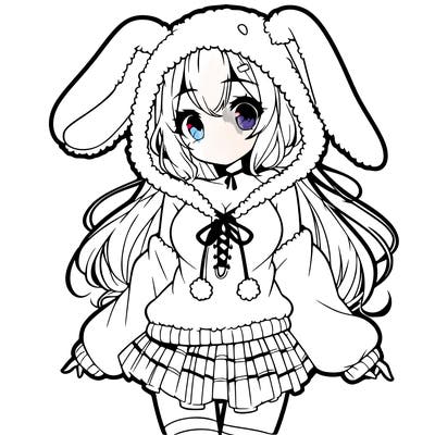 pretty anime girl wearing a fluffy hoodie with bunny ears on the hood and a skirt