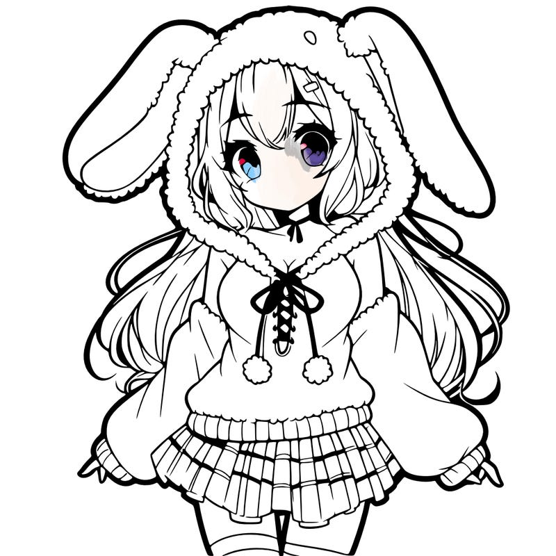 pretty anime girl wearing a fluffy hoodie with bunny ears on the hood and a skirt