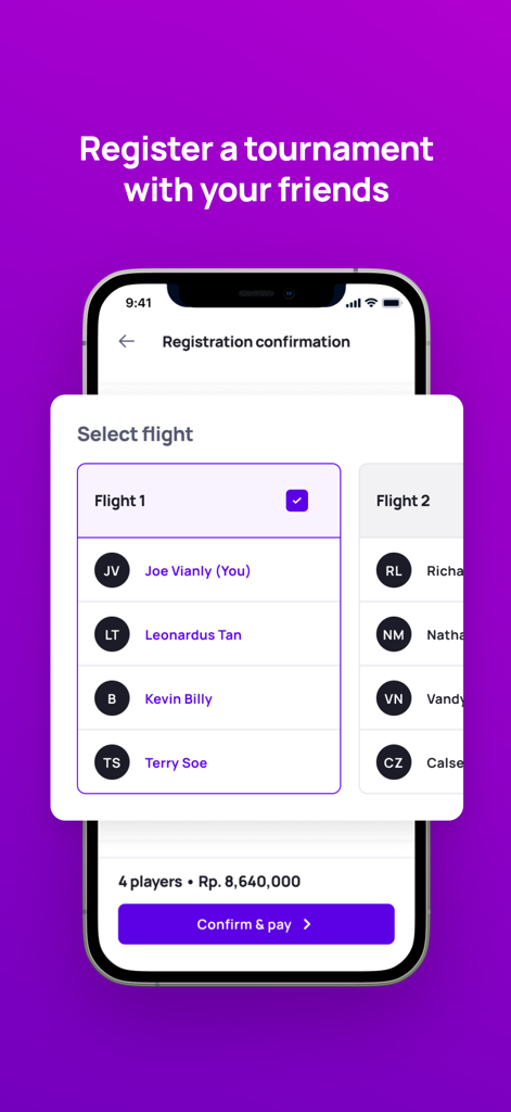 Swing - Multisport App - Swingアプリのインターフェース。友達グループのトーナメント登録とフライト選択を表示