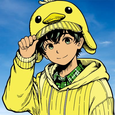a manga teen with duck hat and sweater