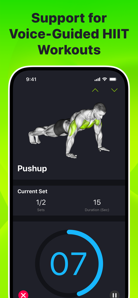 SmartGym app interface showing a voice-guided pushup workout with muscle highlights and a countdown timer