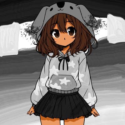 pretty anime girl wearing a fluffy hoodie with bunny ears on the hood and a skirt
