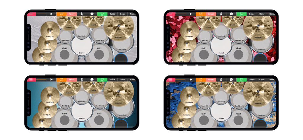 Vier mobile Bildschirme, die verschiedene Hintergrund-Themenoptionen für die Drum Set Real Pad Machine HD App zeigen