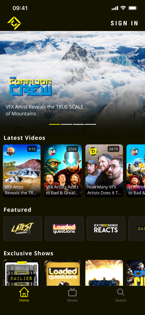 Corridor Digital - Home screen of the Corridor Digital app featuring VFX artist videos and exclusive shows