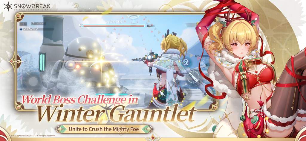 World Boss Challenge in Snowbreak Containment Zone Winter Gauntlet featuring an anime character in holiday attire