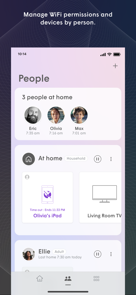 Flow Wi-Fi+ - Tela do aplicativo Flow Wi-Fi plus mostrando usuários domésticos e o gerenciamento de seus dispositivos conectados.